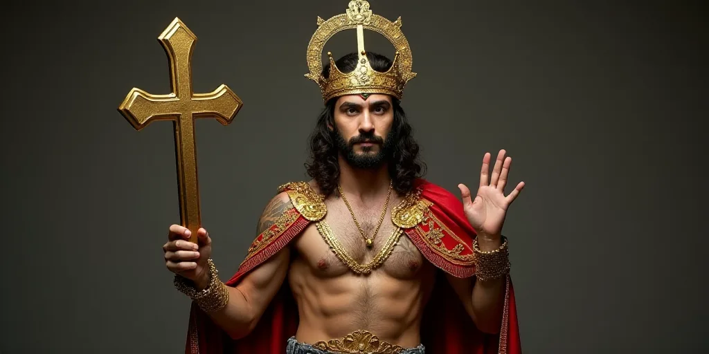 a man with a cross and a crown of gold on his head and arms, holding a cross in his hand, Alejandro