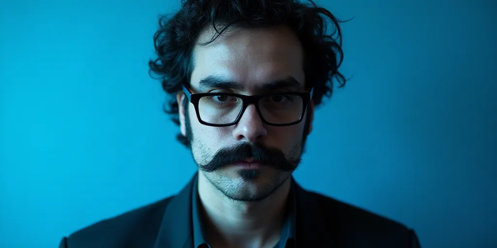 a man with a mustache and glasses is in front of a blue background with a black and white photo, Cá