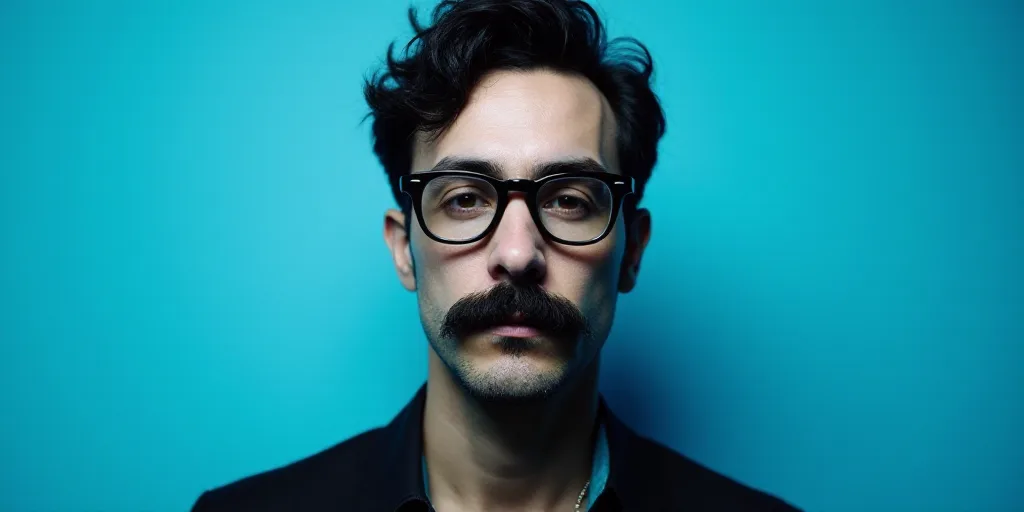 a man with a mustache and glasses is in front of a blue background with a black and white photo, Cá