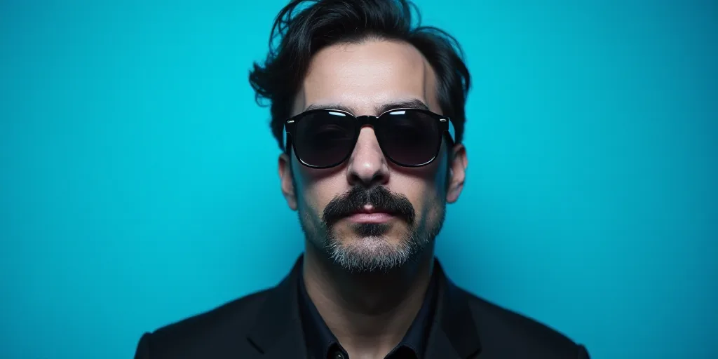 a man with a mustache and glasses is in front of a blue background with a black and white photo, Cá