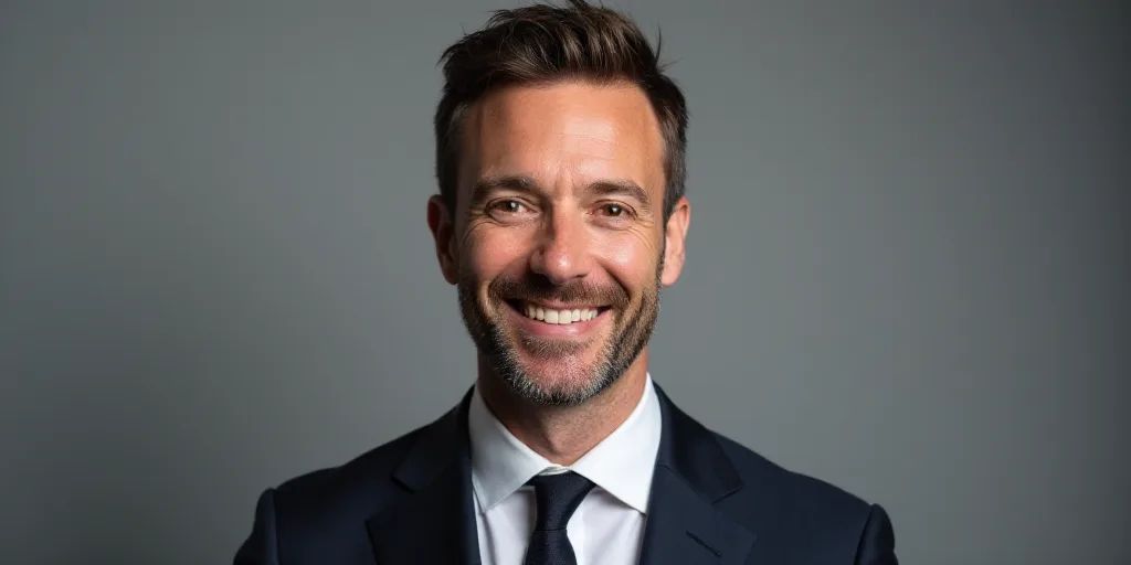 a man with a suit and tie smiling for the camera at a tv awards event in front of a grey background,