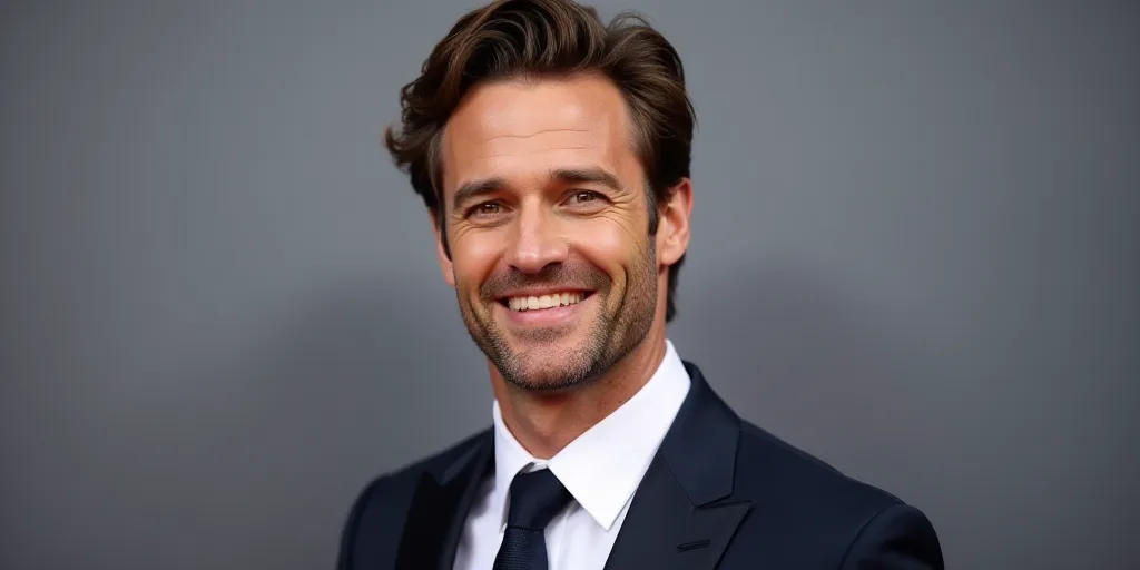 a man with a suit and tie smiling for the camera at a tv awards event in front of a grey background,