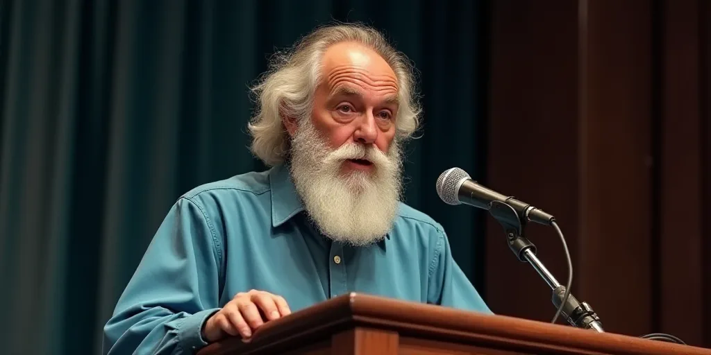 a man with a white beard and a blue shirt is speaking into a microphone at a podium with a microphon