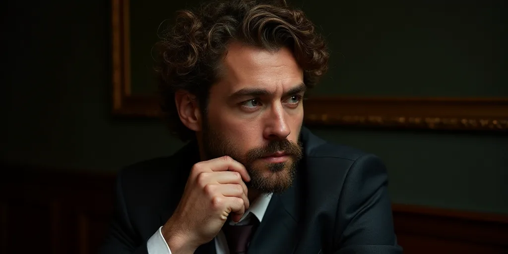 a man with curly hair and a suit looks off to the side with his hand on his chin and his chin restin