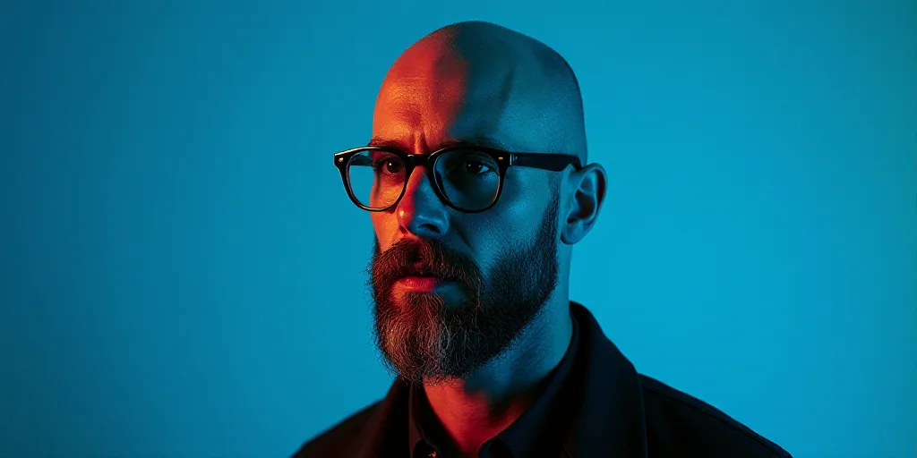 a man with glasses and a beard in front of a blue background with a black and yellow border and a bl