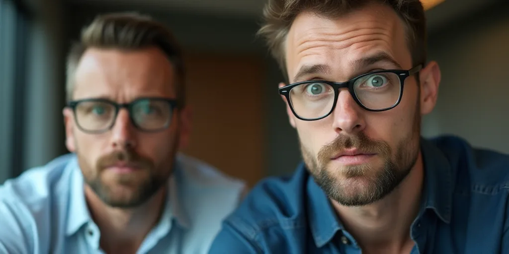 a man with glasses and a man with a surprised look on his face and a man with a surprised look on hi