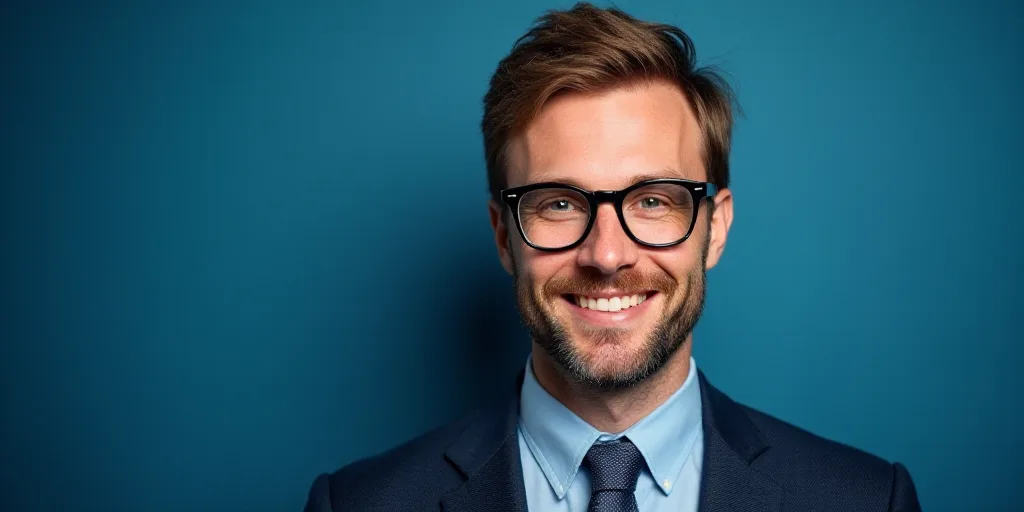 a man with glasses and a tie on his neck is smiling for the camera with a blue background behind him