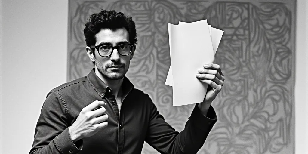 a man with glasses is holding a piece of paper in front of a wall with a pattern on it, Alberto Burr