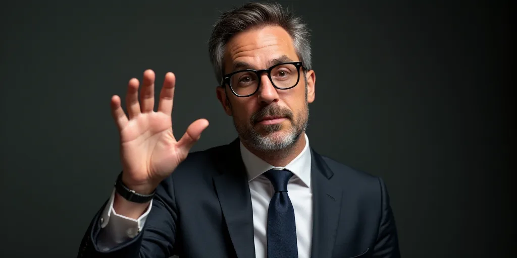 a man with glasses is making a gesture with his hand while wearing a suit and tie and glasses and a