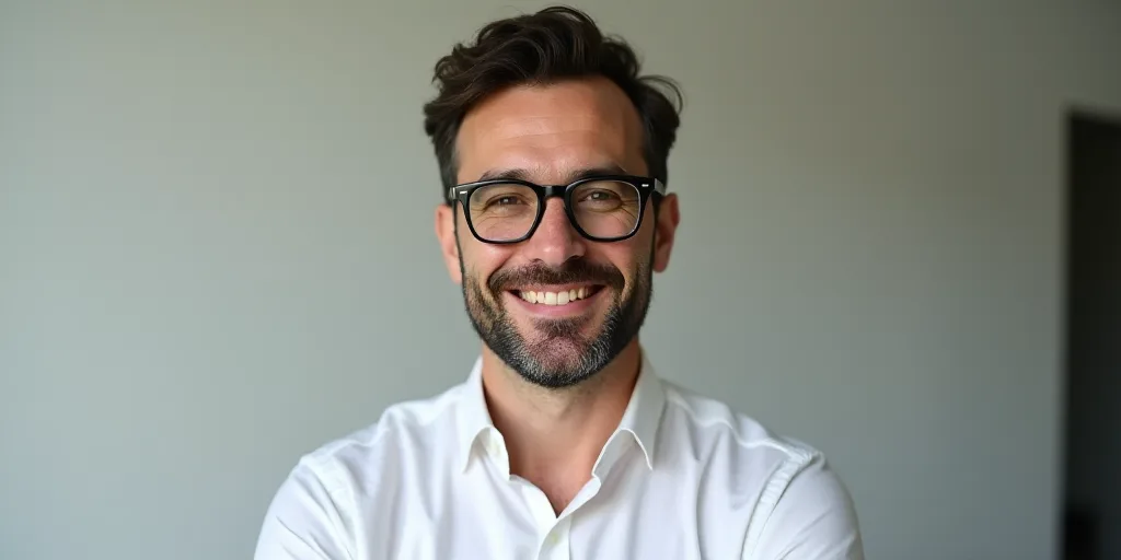 a man with glasses is smiling for the camera while wearing a white shirt and black glasses and a whi