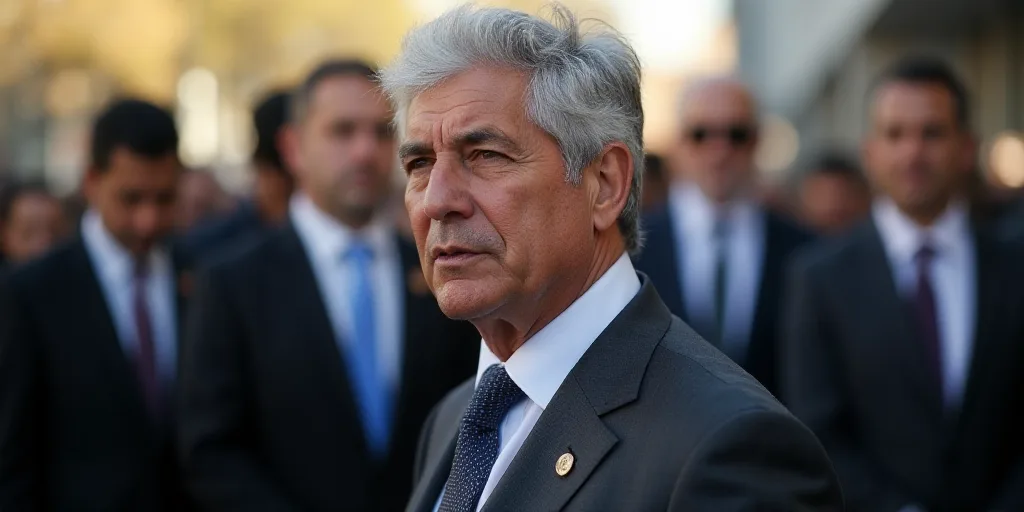 a man with grey hair and a suit jacket on is looking at the camera while people stand in the backgro