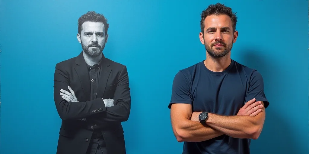 a man with his arms crossed standing in front of a blue background with a black and white photo of h