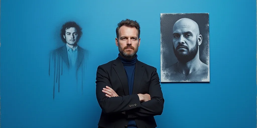 a man with his arms crossed standing in front of a blue background with a black and white photo of h