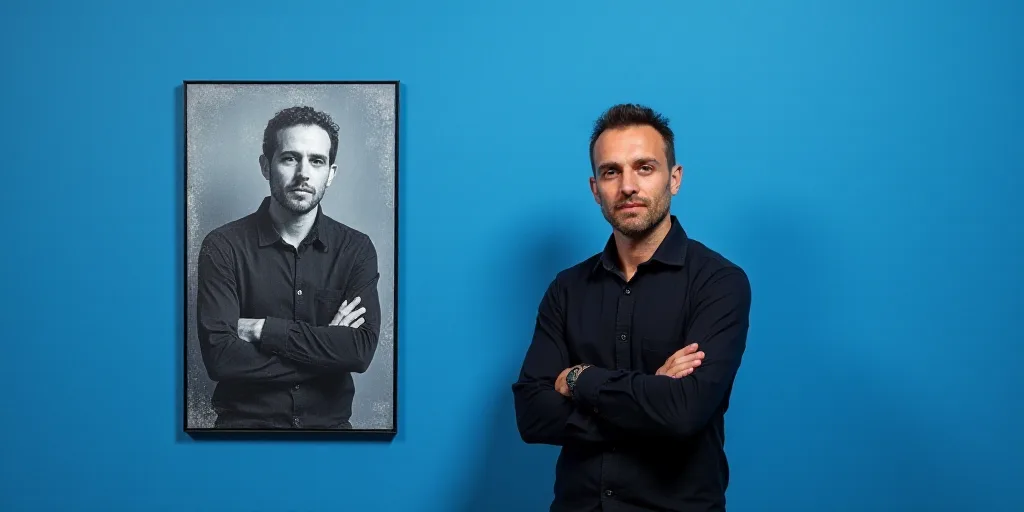 a man with his arms crossed standing in front of a blue background with a black and white photo of h
