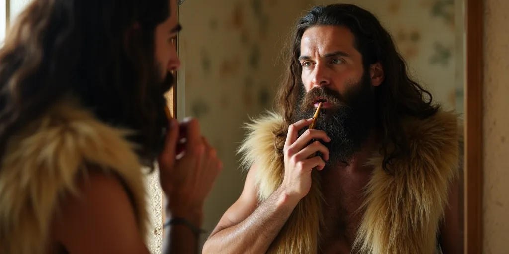 a man with long hair and a fake beard is brushing his teeth in a mirror with a fake fur vest, Clovis
