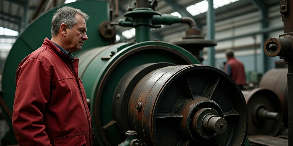 a man working on a large engine in a factory with other machinery in the background and a man in a r