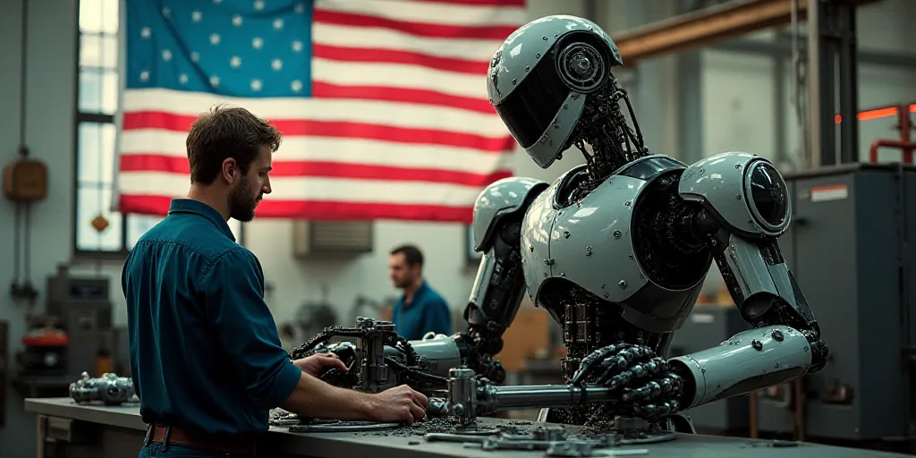 a man working on a machine in a factory with american flag in the background and a flag hanging from