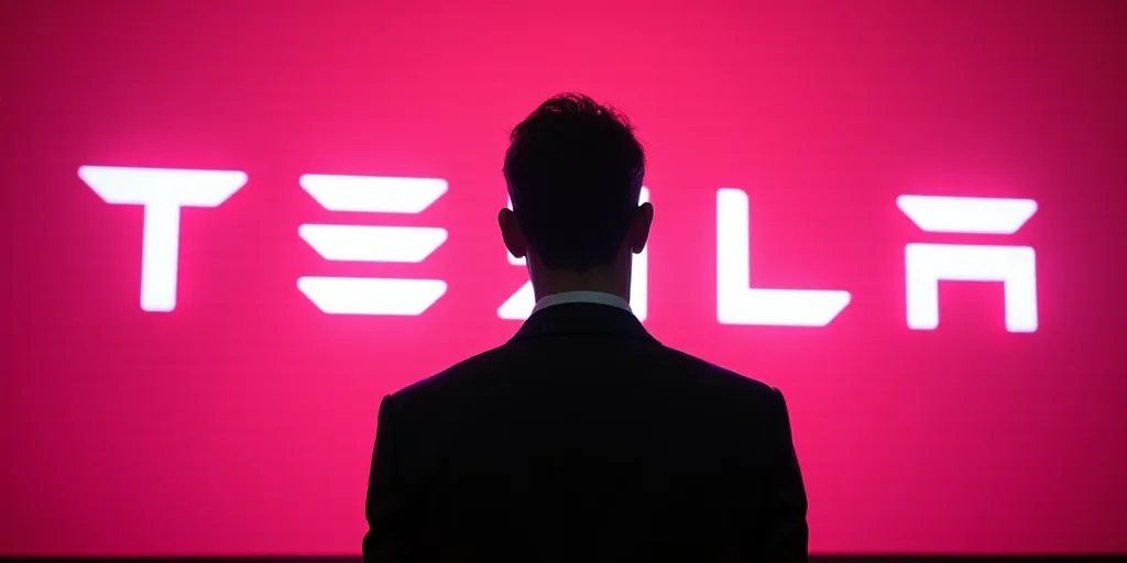 a man's silhouette is shown in front of a pink sign with the word tesla on it and a silhouette of a