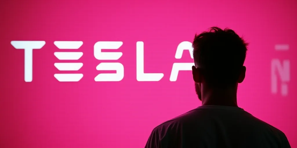 a man's silhouette is shown in front of a pink sign with the word tesla on it and a silhouette of a