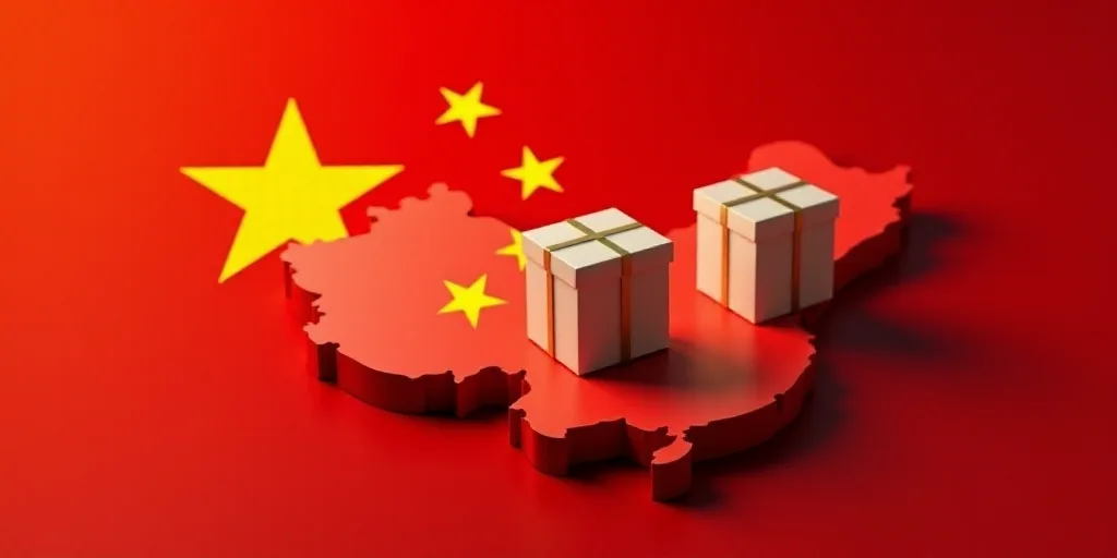 a map of china with boxes on top of it and a flag of china in the background with a red background,