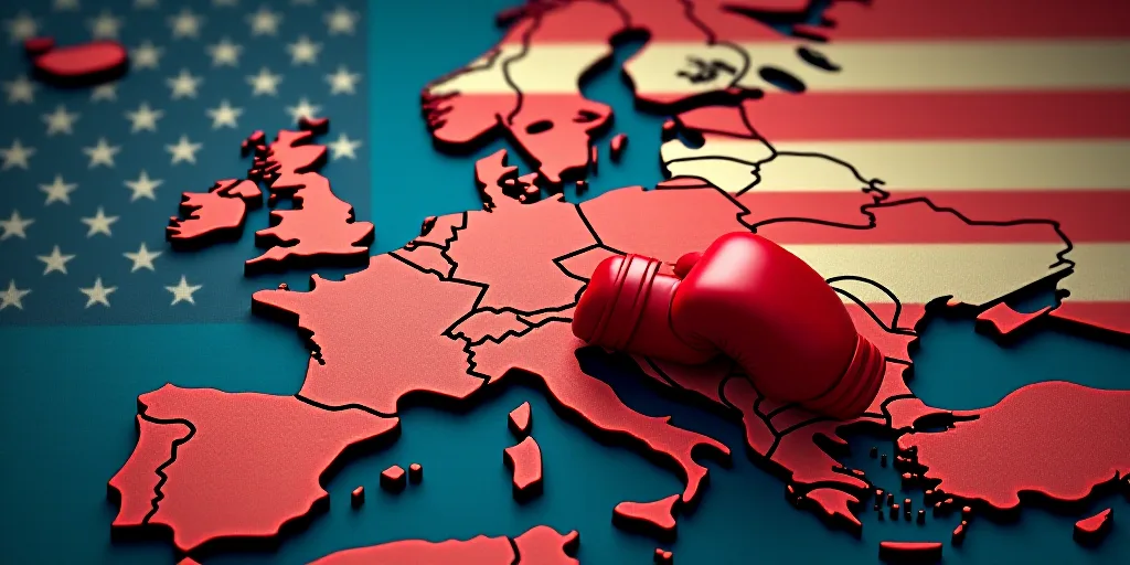 a map of europe with a pair of boxing gloves on it and a flag of the united states in the background