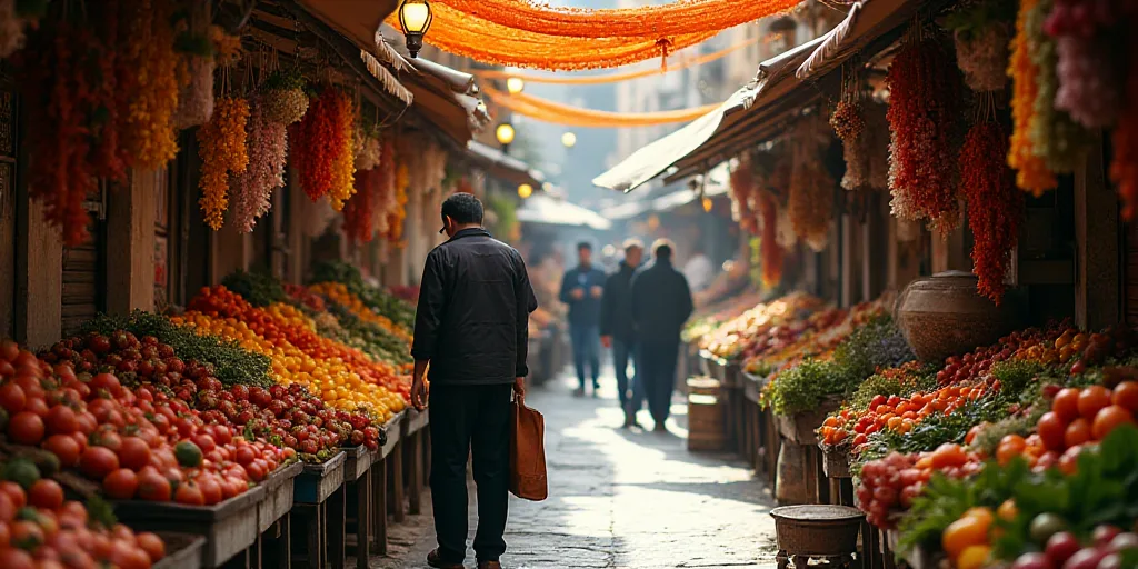 a market with people shopping for fruits and vegetables and hanging decorations and hanging lights a