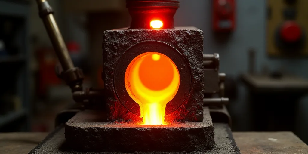 a metal casting machine with a bright orange substance pouring out of it's center and a bright red l