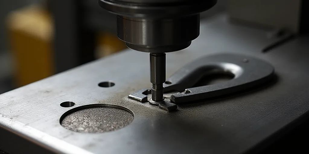 a metal object with a machine cutting it into pieces with a tool on top of it and a piece of metal o