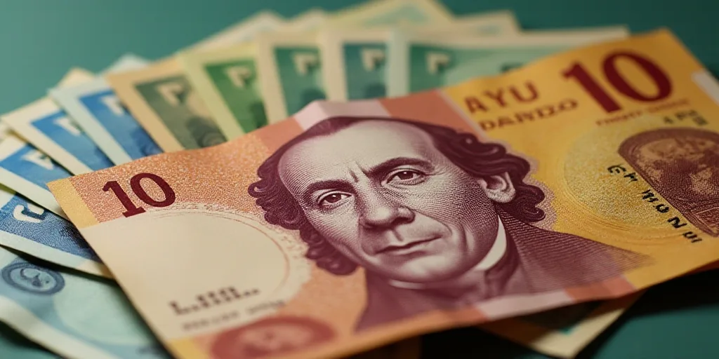 a mexican currency with a man's face on it and a pile of money in the background with a few bills, D