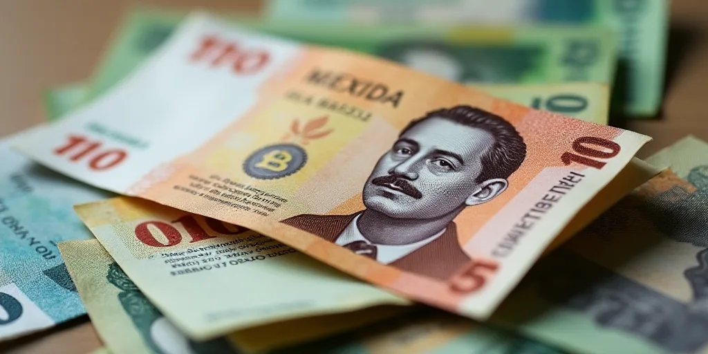 a mexican currency with a portrait of a man on it and a pile of bills in the background with a few b