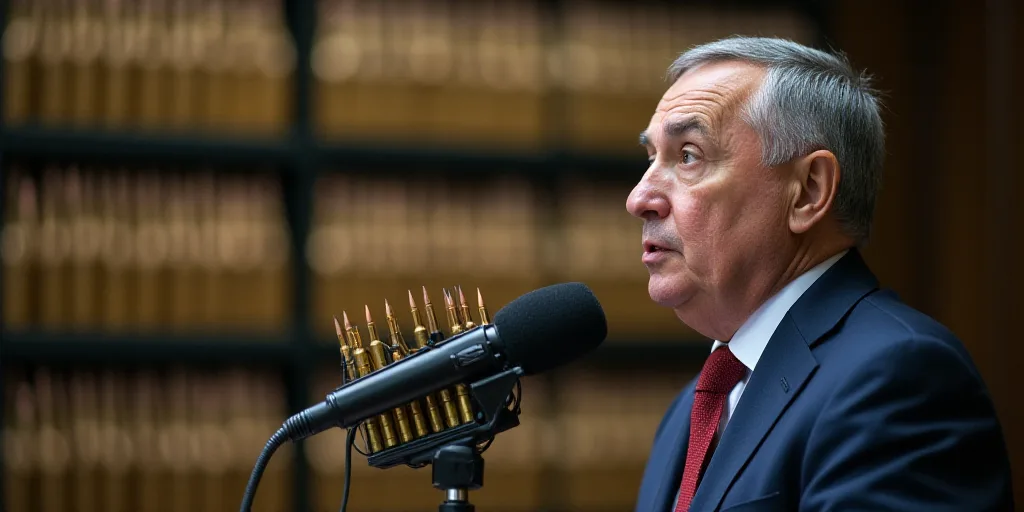 a microphone with a bunch of bullet heads on it's side and a wall of bullet heads on the other side,