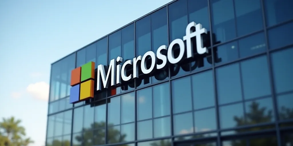 a microsoft logo is shown in front of a building with glass windows and a sky background in the fore