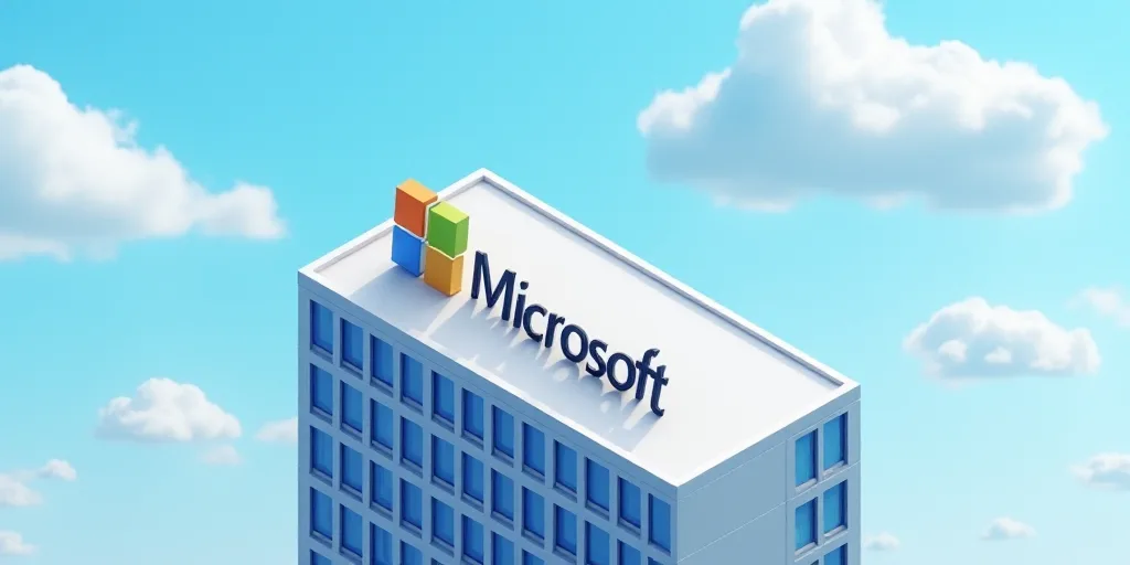 a microsoft logo on a building with windows on it's side and a sky background with clouds in the bac