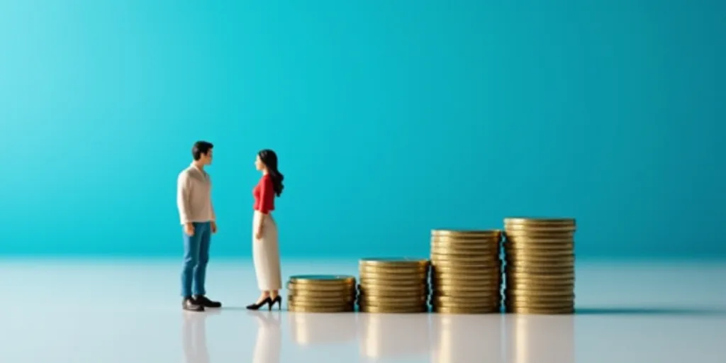 a miniature man and woman standing in front of stacks of coins on a table with a blue background and