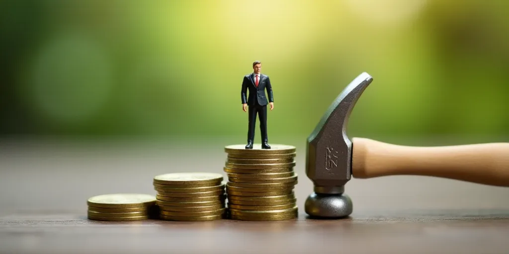 a miniature man standing on top of a pile of coins next to a pile of coins with a hammer, Andries St