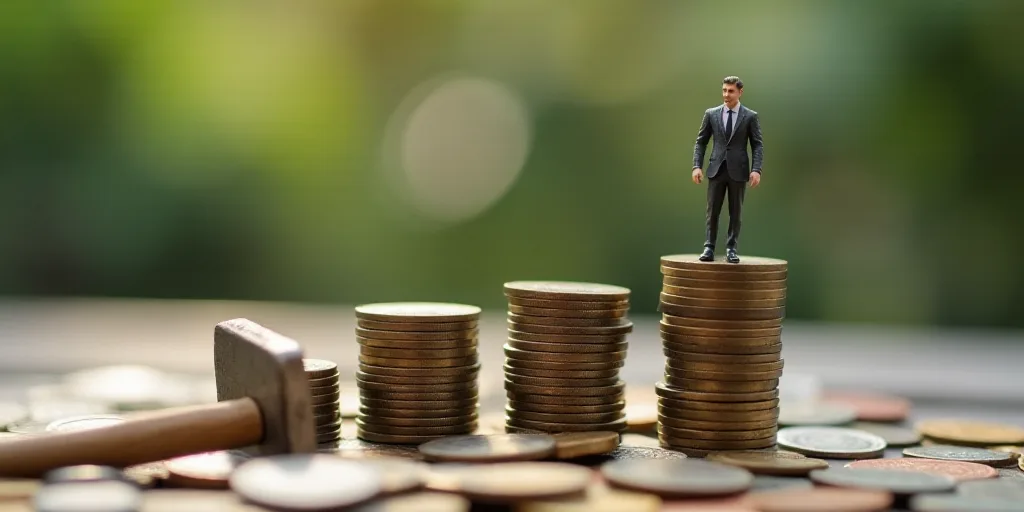 a miniature man standing on top of a pile of coins with a hammer in front of it and a stack of coins