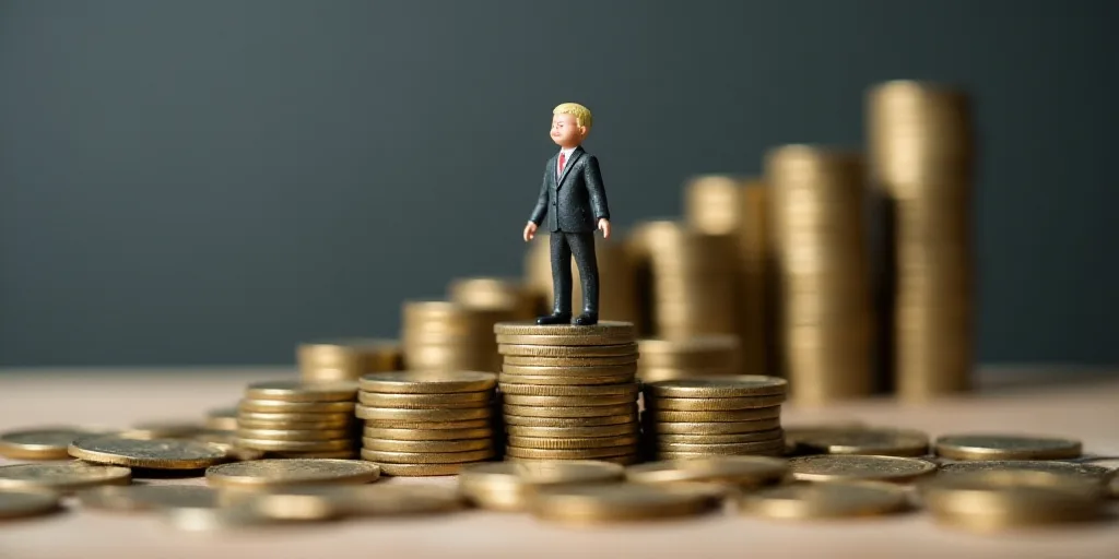 a miniature man standing on top of a pile of coins with a hammer in front of it and a stack of coins