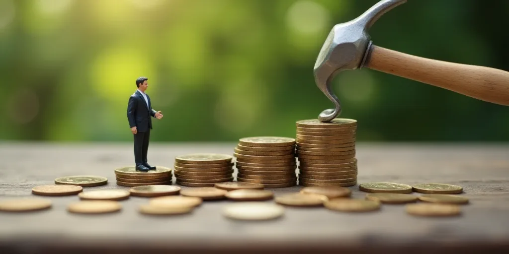 a miniature man standing on top of a pile of coins next to a pile of coins with a hammer, Andries St