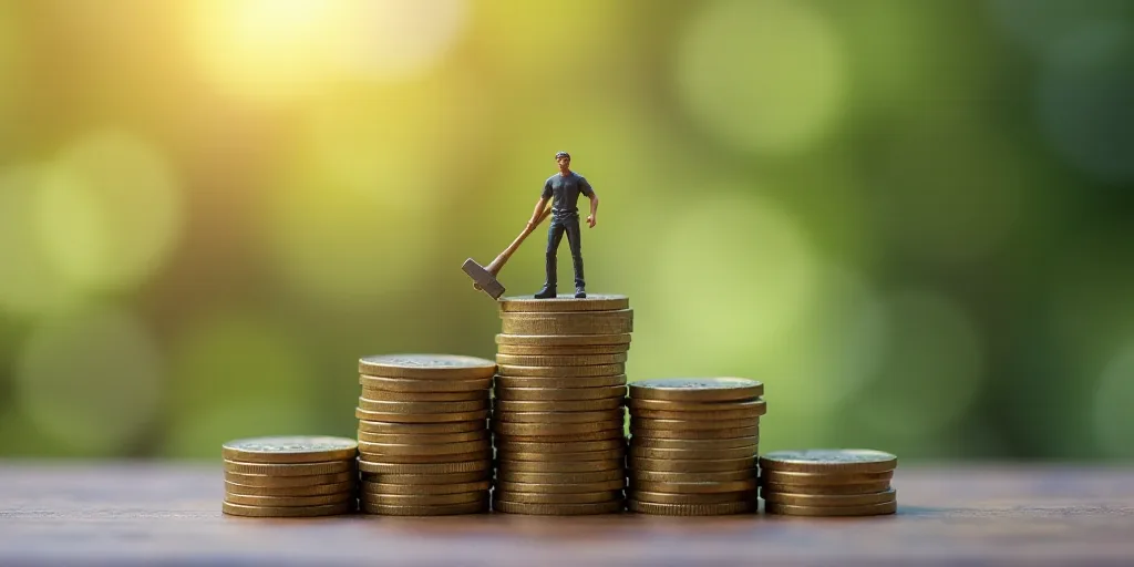 a miniature man standing on top of a pile of coins with a hammer in the middle of the stacks, Andrie