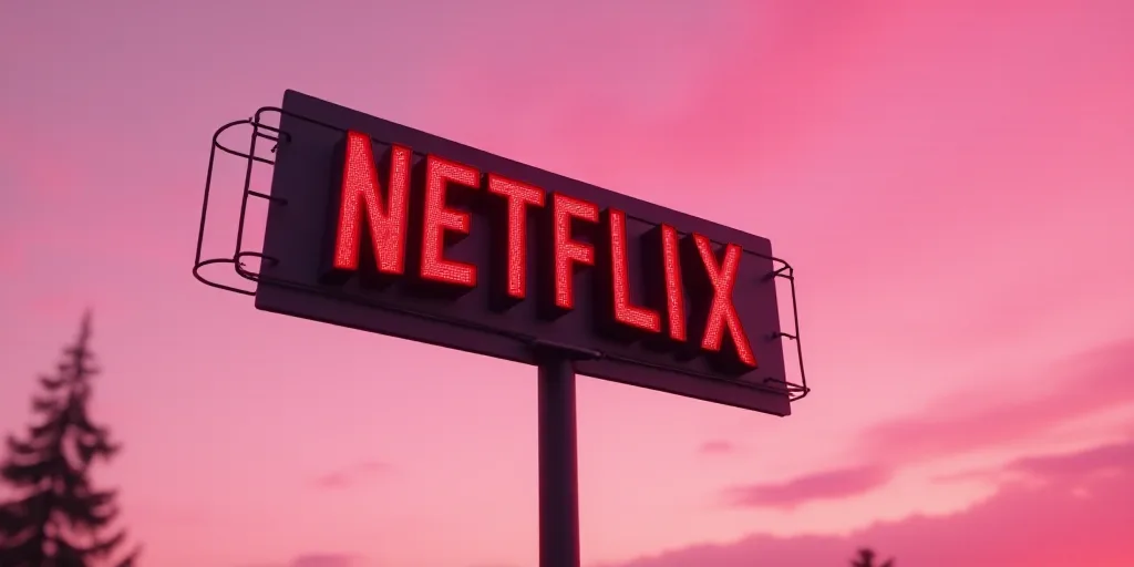 a netflix sign is shown against a pink sky background with a wire frame around it that reads netflix