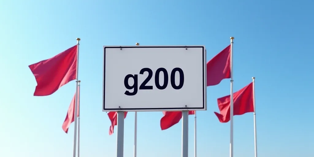 a number of flags in front of a sign that says g200 with a blue sky background and a few flags, Afew