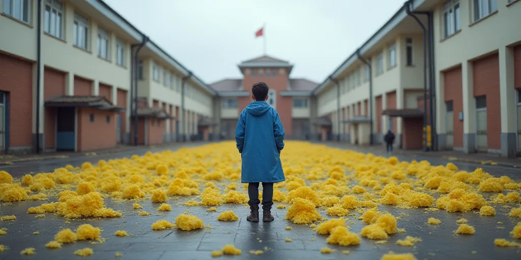 a number of yellow markers are on the ground near a person standing in the distance with a blue jack