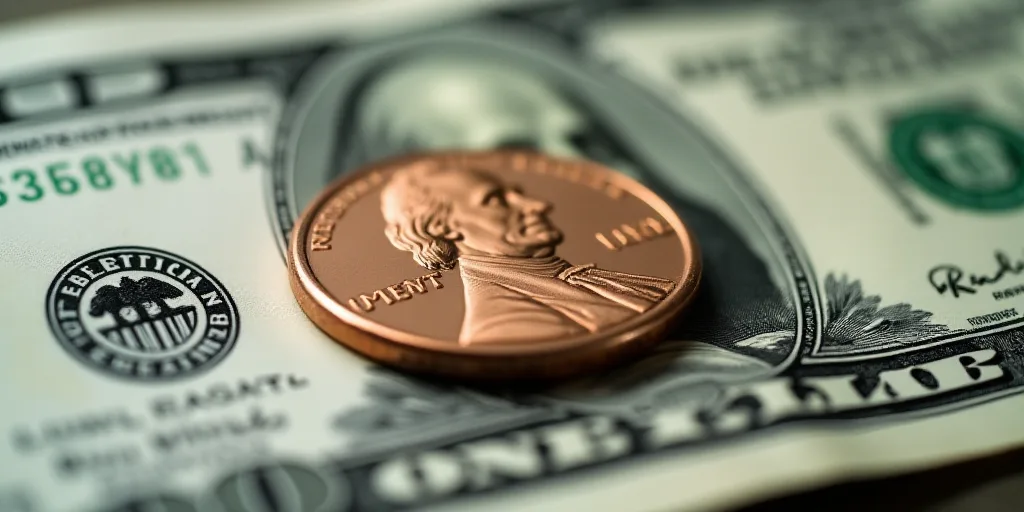 a one dollar bill with a penny on top of it, with the image of george washington on it, Benjamin Fra