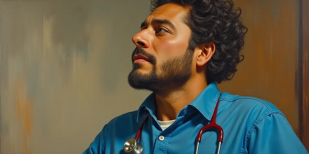 a painting of a man with a stethoscope on his neck and a blue shirt on his shirt, David Alfaro Sique
