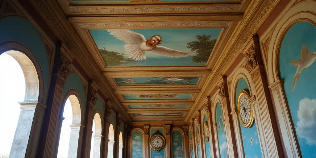 a painting on the ceiling of a building with a clock on it's side and a clock on the wall, Cimabue,