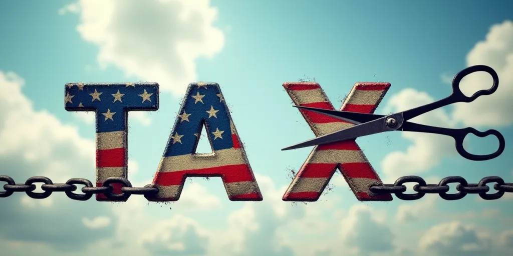 a pair of scissors cutting apart the letters tax and usa flag on a chain with a sky background and c