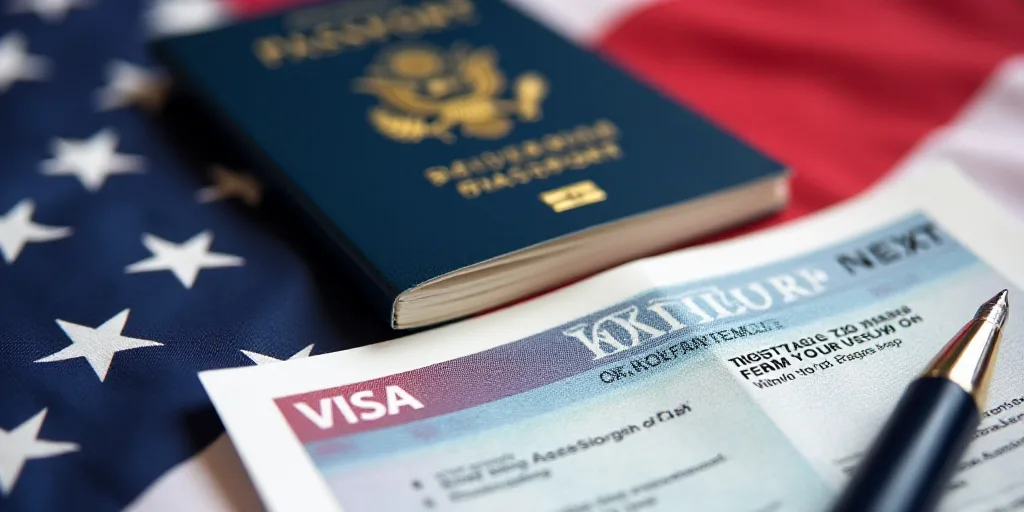 a passport and a pen sitting on top of a us flag next to a visa form and a pen, Felix-Kelly, blunt b