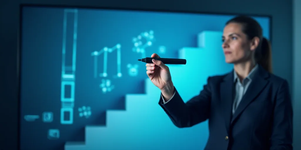 a person drawing a stair with a marker on a screen with a blue boket background and a woman in a sui