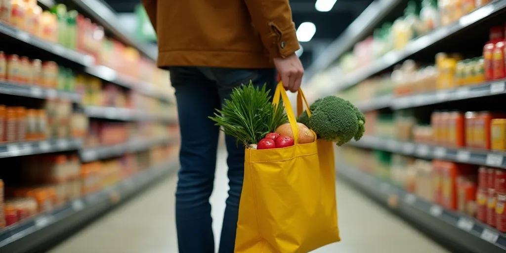 a person holding a bag of fruit and vegetables in a grocery store aisle with a display of shelves of