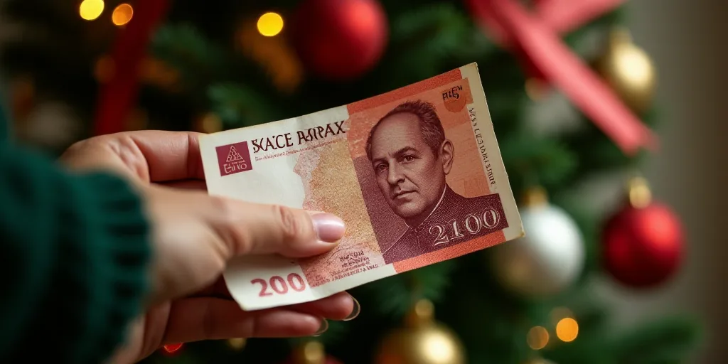 a person holding a bank note in their hand with christmas decorations in the background and a christ